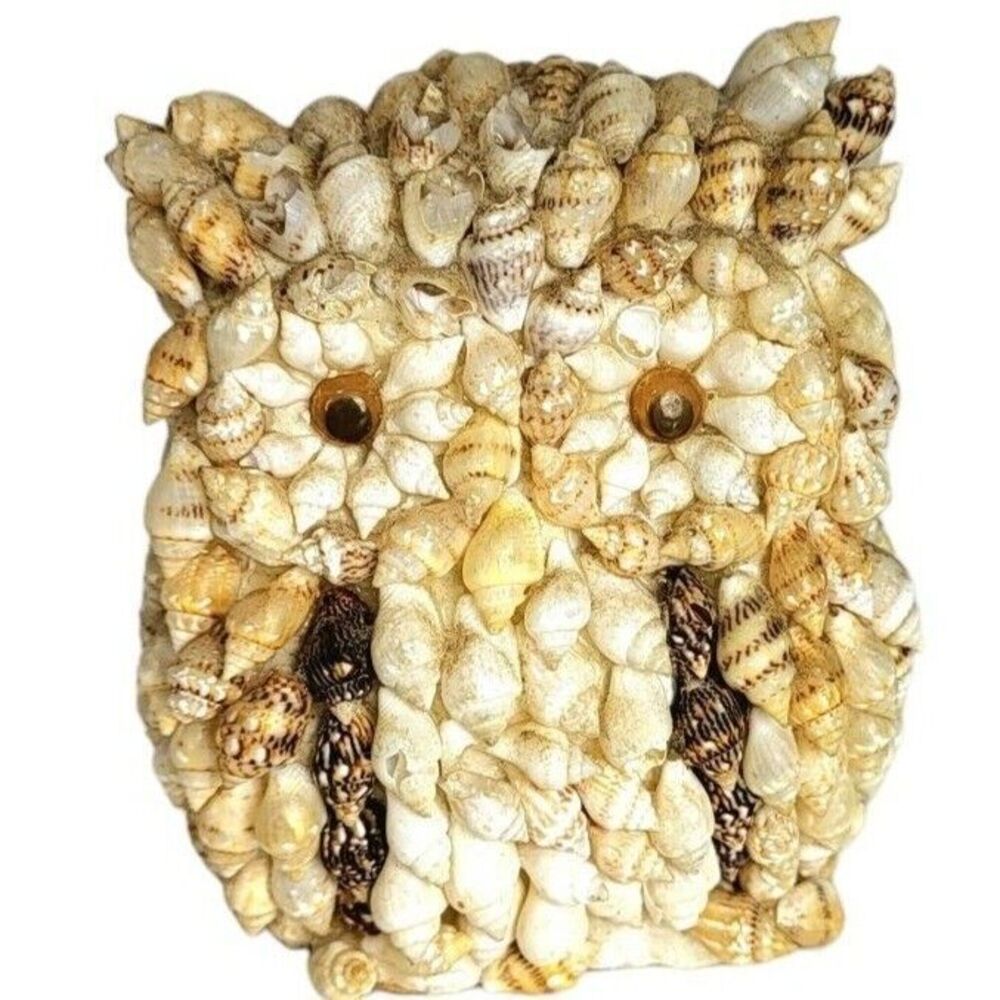 Vintage 70s Natural Conch Seashell Owl Eyes Folk Art Small Figurine Decor